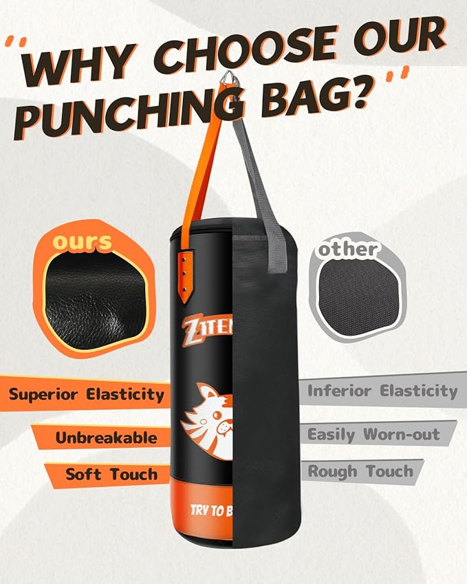 Kids Punching Bag with Gloves - PU Leather & Adjustable Height Strap - Boxing Bag Set for 3-8 Years Kids Great for Boxing, MMA, Kickboxing