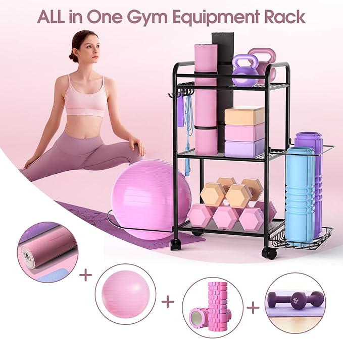 Highpro Home Gym storage Rack - Gym Equipment Storage Rack for Yoga Mat Yoga Ball Dumbbells Kettlebells Foam Roller Yoga Strap and Resistance Bands Workout Equipment Organizer