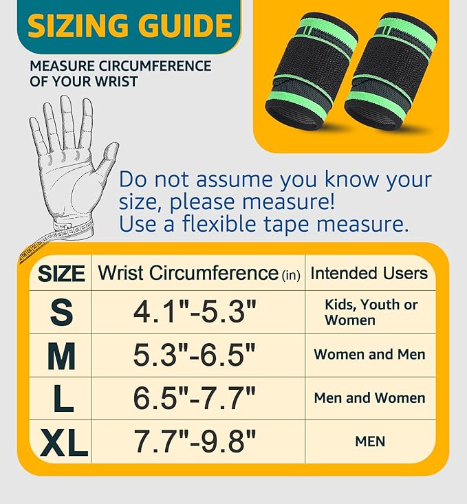 HiRui Wrist Brace Wrist Wraps Compression Wrist Strap, Wrist Support for Work Fitness Weightlifting Sprains Tendonitis, Carpal Tunnel Arthritis, Pain Relief, Adjustable Wristbands 2 PACK (Green, XL)