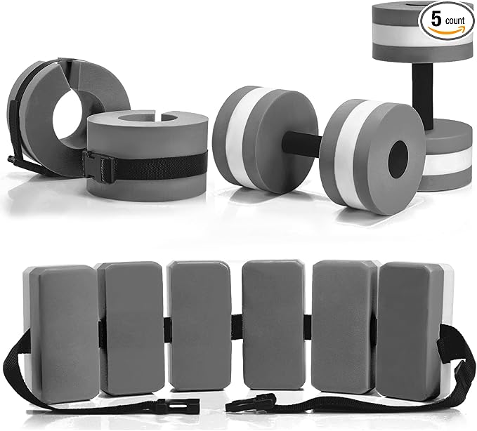 5 Pcs Aquatic Exercise Set Including 2 Ankle Swimming Weights 2 Lightweight Aquatic Exercise Dumbbells and Swim Belt Pool Exercise Equipment for Aquatic Aerobics Exercise