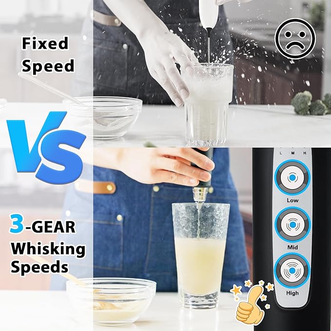 Milk Frother with Stand Rechargeable-Handheld Coffee Frother with 3 Stainless Whisks 3 Speed Adjustable, Electric Whisk Drink Mixer, Foam Maker Blender for Matcha Latte Cappuccino Chocolate