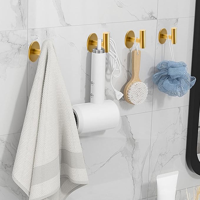 Adhesive Hooks Brushed Gold SUS304 Stainless Steel Towel 4 Pack