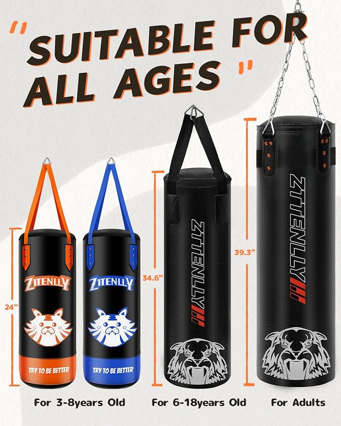Kids Punching Bag with Gloves - PU Leather & Adjustable Height Strap - Boxing Bag Set for 3-8 Years Kids Great for Boxing, MMA, Kickboxing