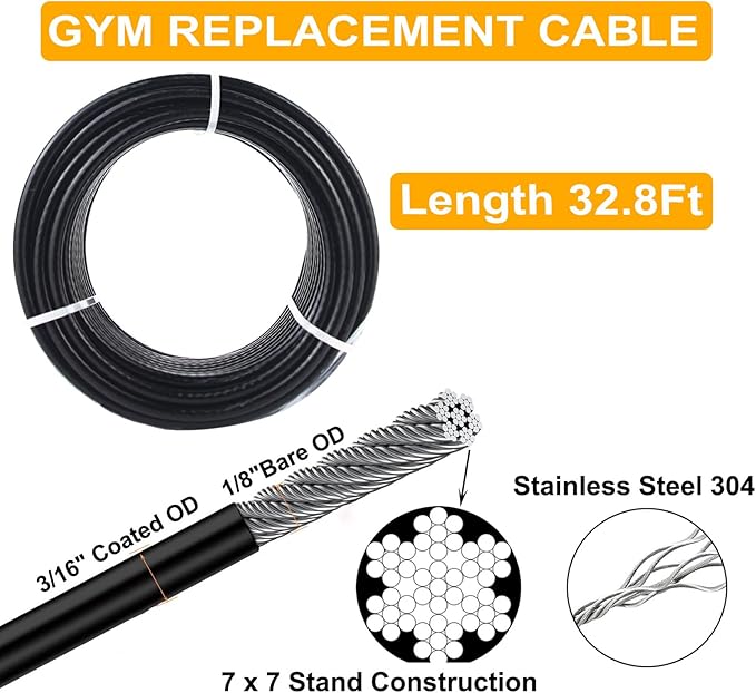 32.8Ft/98.4Ft Fitness Pulley Cable,Replacement Cable Machine Accessories for DIY Home Gym, Gym Cable Replacement,PVC Coated,Thick 3/16"(5mm)