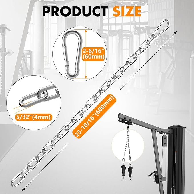 23.6" Gym Fitness Cable Extension Chain, 304 Stainless Steel Cable Machine Extension Accessory, Workout Chain for Home Gym Replacement, Weight Lifting, Triceps Exercise