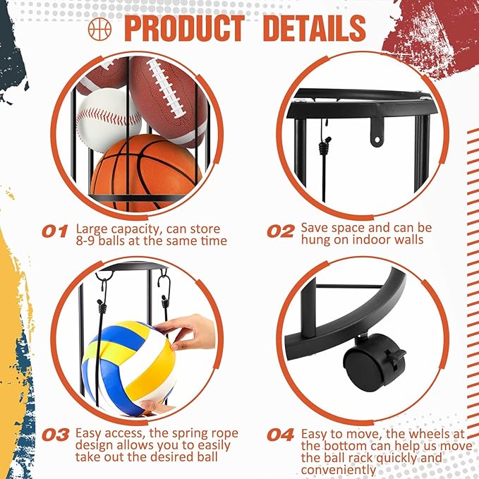 3 Layer Garage Vertical Ball Rack Rolling Basketball