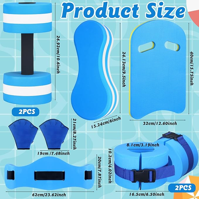 8 Pcs Water Aerobics Set Including Exercise Foam Dumbbells Aquatic Swim Belt Pull Buoy Swim Kickboard Sport Gloves Water Weights Equipment for Aquatic Fitness Weight Loss Fitness Tool
