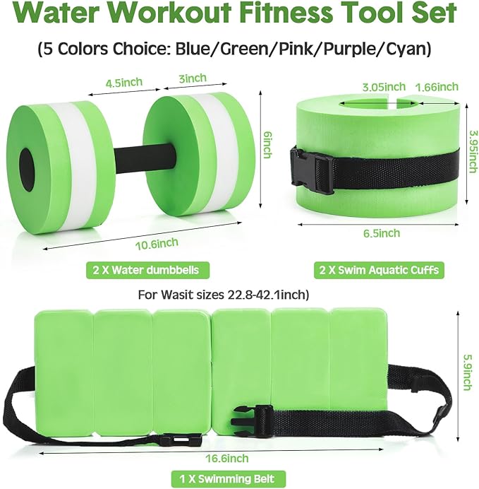 5 Pcs Aquatic Exercise Set Including 2 Ankle Swimming Weights 2 Lightweight Aquatic Exercise Dumbbells and Swim Belt Pool Exercise Equipment for Aquatic Aerobics Exercise
