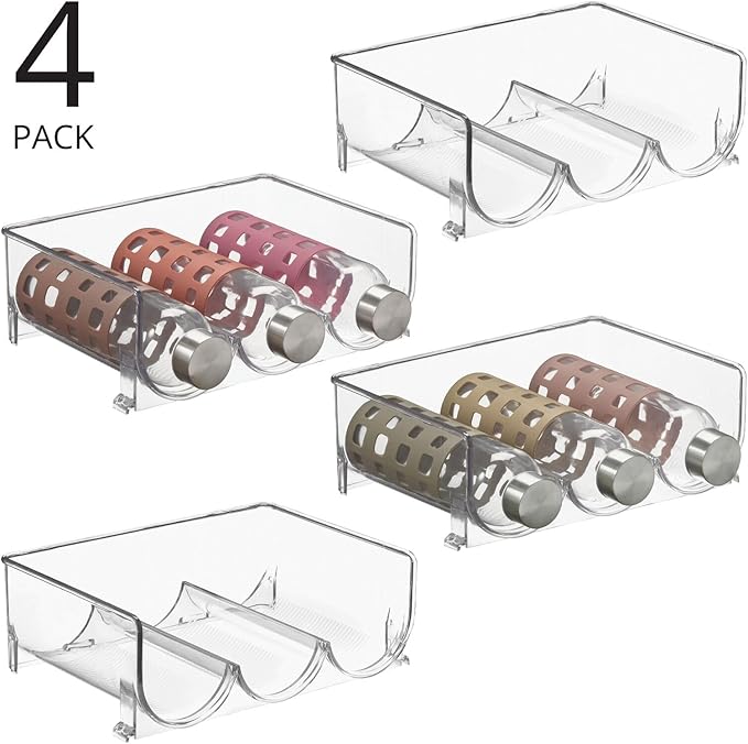 mDesign Plastic Free-Standing Stackable 3 Bottle Storage Holder Rack - Water, Wine, and Drink Organizer Shelf for Kitchen Countertop, Cabinet, Pantry, Fridge, Freezer, 4 Pack - Clear
