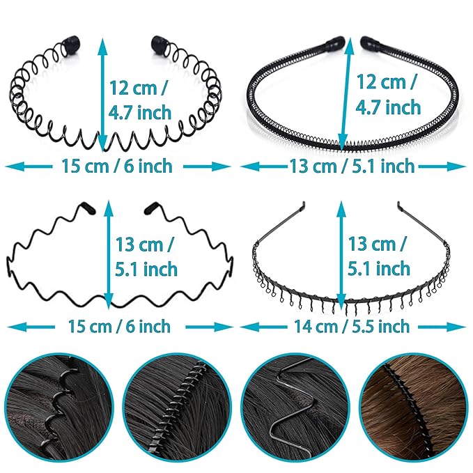 Metal Headband for Men, Unisex Black Wavy Spring Hair Band, Zig Zag Hair Dand, Fashion Elastic Hair Accessories, Multipack Options Available(8pcs)