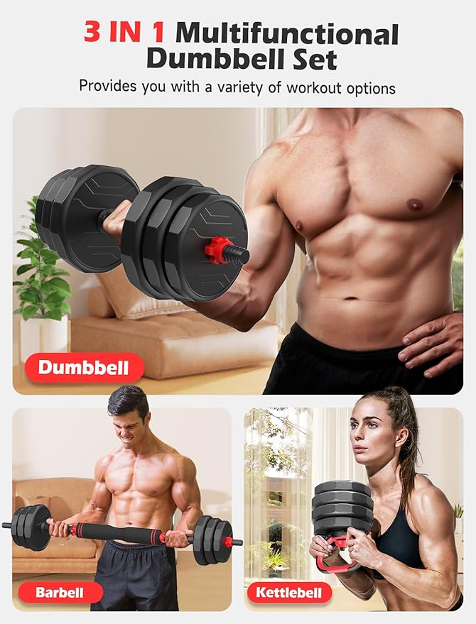 Adjustable Dumbbells, 20/30/40/55/60/70/80/90lbs Free Weights Dumbbells Convertible 2 or 3 in 1 Set Used as Barbell, Kettlebells, A Pair of Lightweight for Home Gym