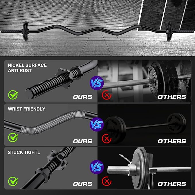 47" EZ Curl Bar Weight Lifting Bar 1-inch Curling -2 Star Collars(280lb Weight