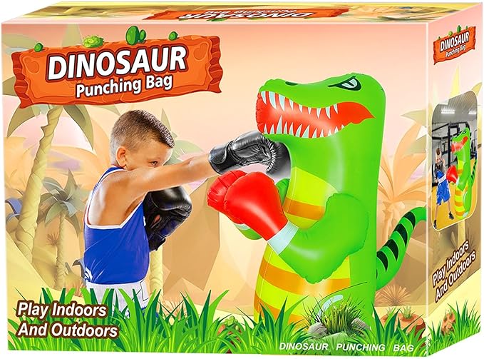 47" Punching Bag for Kids 3-8 Toddler Boxing Bag Inflatable Dinosaur Bopper Birthday Presents for Boys & Girls Sports Toys Outdoor Activities Yard Games