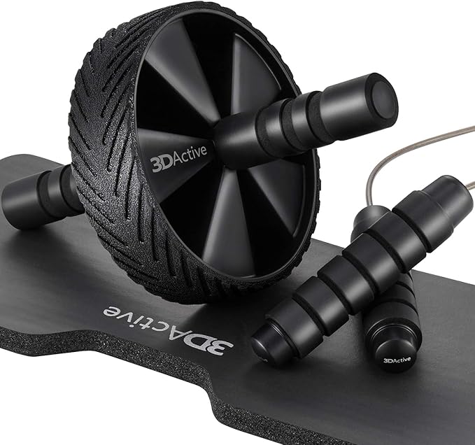 3DActive Ab Roller Wheel with Jump Rope & Knee Mat. Home Gym Exercise Equipment for Abs Workout, Core Training & Cardio Workouts.