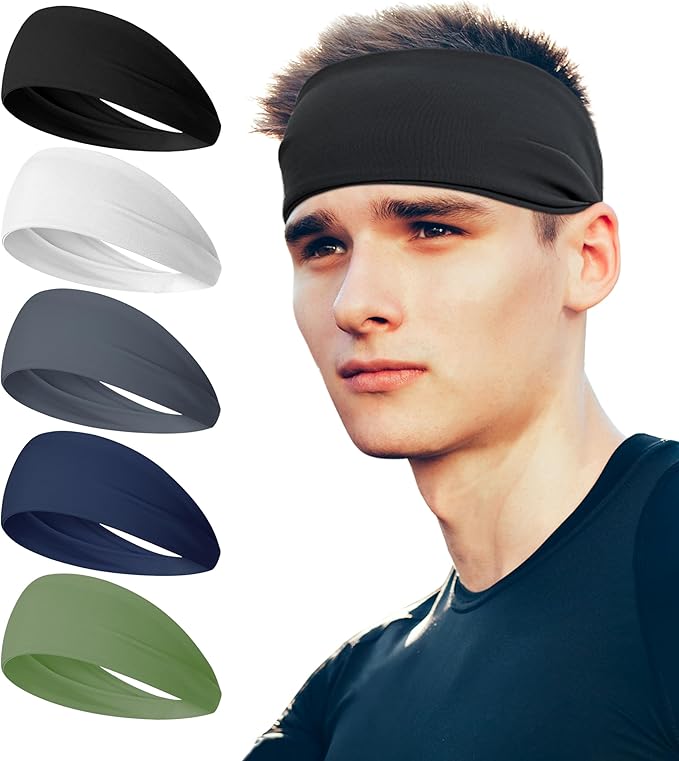 HiRui Headbands for Men Women (5Pack), Running Headbands Moisture Wicking Workout Sweatband Sports Headband for Cycling Basketball Yoga Fitness