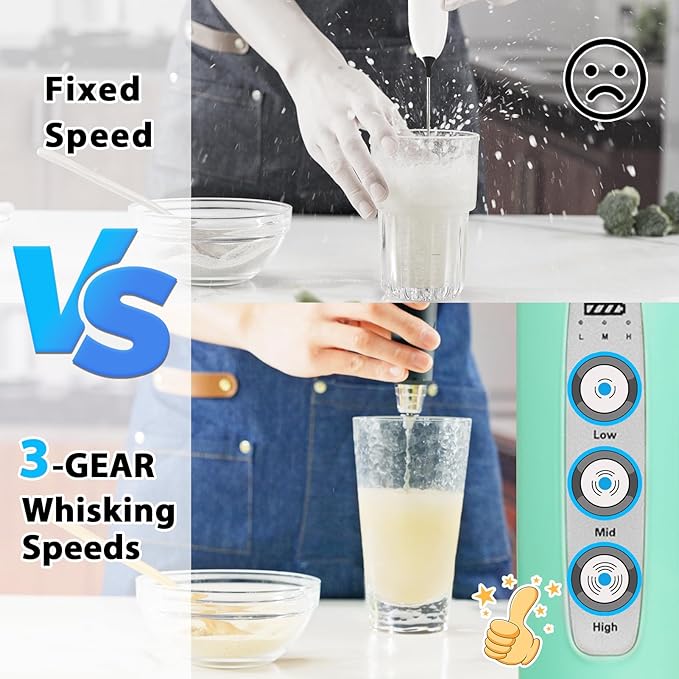 Milk Frother Rechargeable Handheld-Electric Whisk 3 Speed Adjustable, Coffee Frother Wand with 3 Stainless Whisks, Electric Foam Maker, Drink Mixer Blender for Latte Cappuccino Matcha Egg