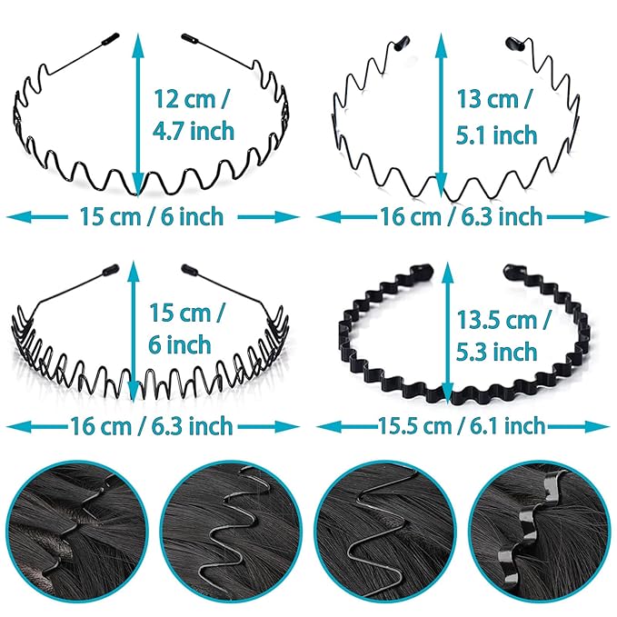 Metal Headband for Men, Unisex Black Wavy Spring Hair Band, Zig Zag Hair Dand, Fashion Elastic Hair Accessories, Multipack Options Available(8pcs)