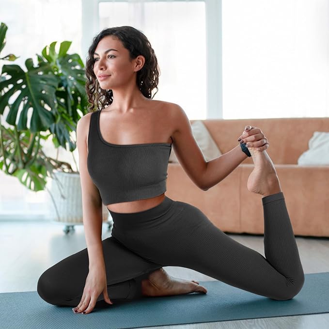 4 Pcs Women's Workout Sets Pilates Exercise Outfit Ribbed Scoop Neck Sports Bra Shorts Leggings Gym Clothes Set