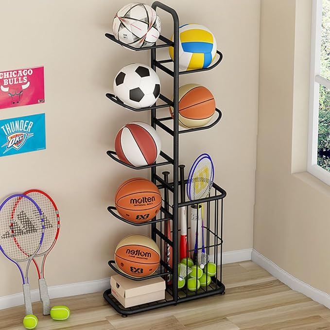 7-Ball Sports Equipment Storage Rack with Ball Holder 57.5" (Black)