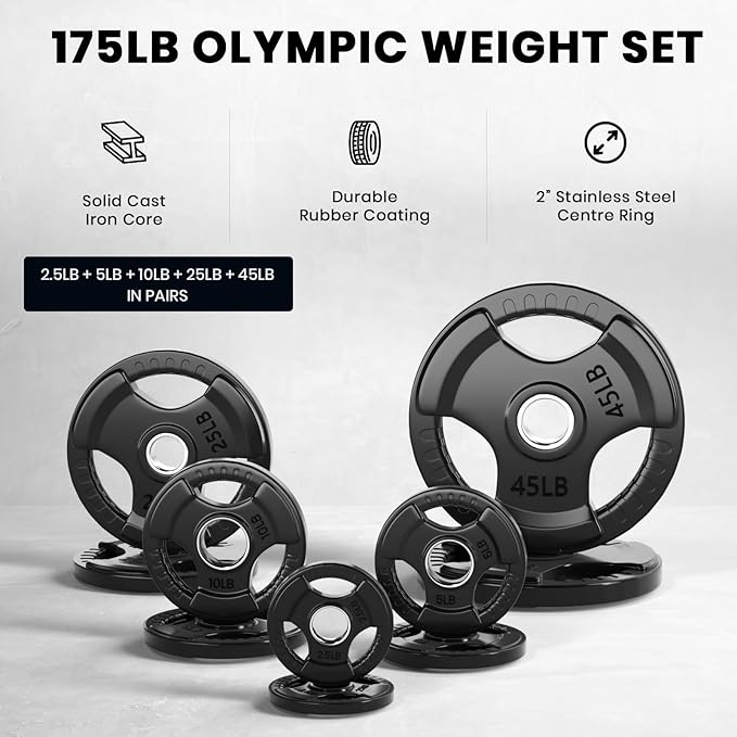 LIONSCOOL 2-Inch Rubber Olympic Grip Weight Plates (2.5-45LB), One
