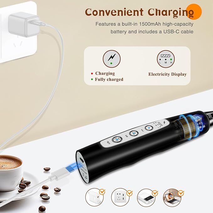 Milk Frother Handheld Rechargeable, Frother Wand Drink Mixer Electric Whisk for Coffee, Detachable With 3 Stainless Whisks, Hand Mixer for Lattes, Cappuccino, Matcha, Egg, No Stand, Black