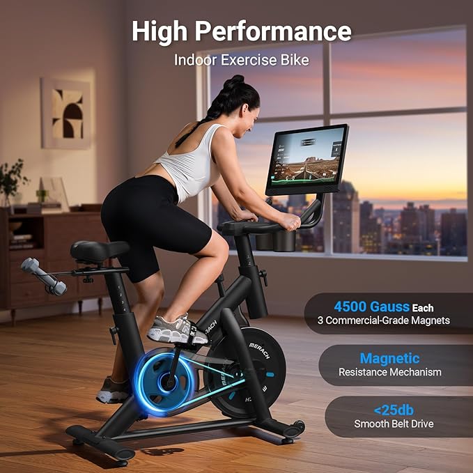 MERACH Exercise Bike, Brake Pad Stationary Bike with Exclusive App, Low Noise Indoor Cycling Bike with 300lbs Weight Capacity, Tablet Mount and Fitness Courses for Weight Loss