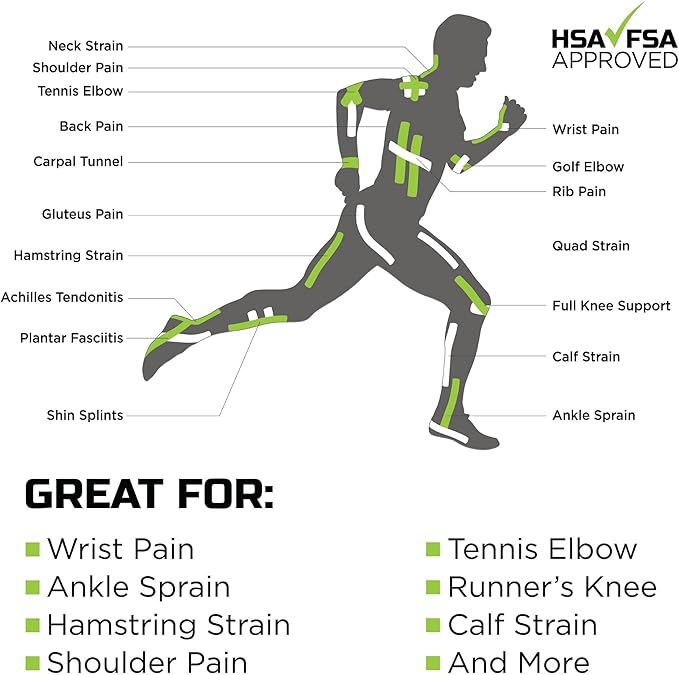 Herbal-Infused, Therapeutic Sports Tape – Stretchable, Breathable & Patented Medical Grade Kinesiology Tape for Natural Relief in Muscles, 20 Precut, 10” Strips