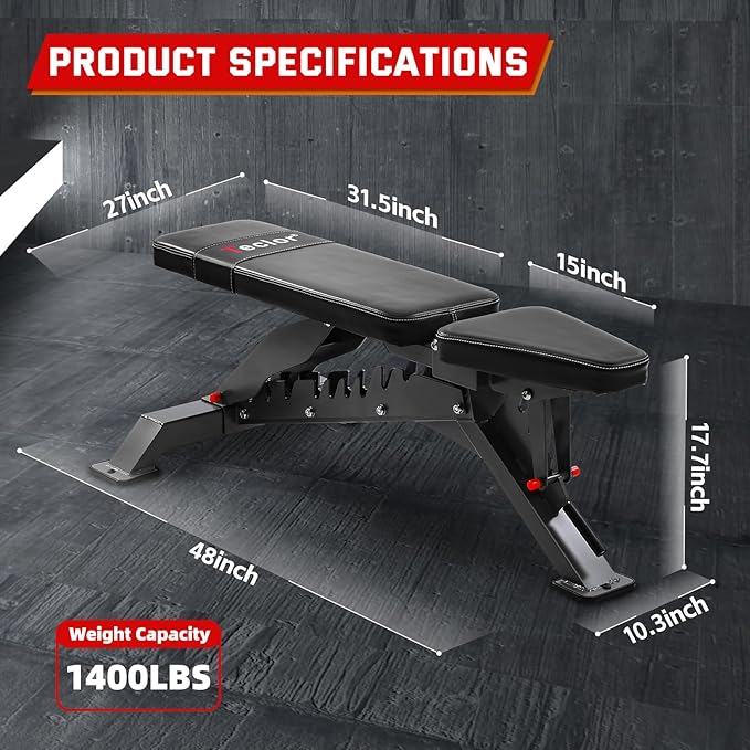 Adjustable Weight Bench with 1400LB Capacity for Home Gym,Heavy Duty Bench,Adjustable Foldable Decline Bench Press, Incline Flat Sit-Ups - Best Home Workout Equipment with Wheels