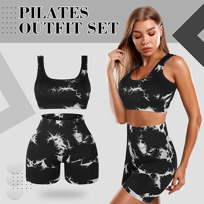 4 Pcs Women's Workout Sets Pilates Exercise Outfit Ribbed Scoop Neck Sports Bra Shorts Leggings Gym Clothes Set
