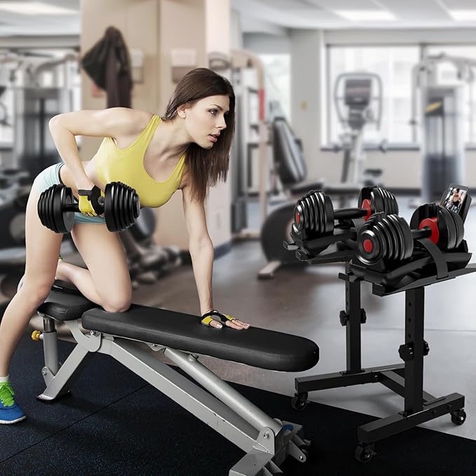 Adjustable Dumbbell Stand - Uboway Weight Stand with 4 Level Height Adjustment, Dumbbell Weight Rack with Tablet Holder and Durable Casters, Weight Holder for Adjustable Dumbbell Set, Home Gym Fitness (Bonus Foot Pads)