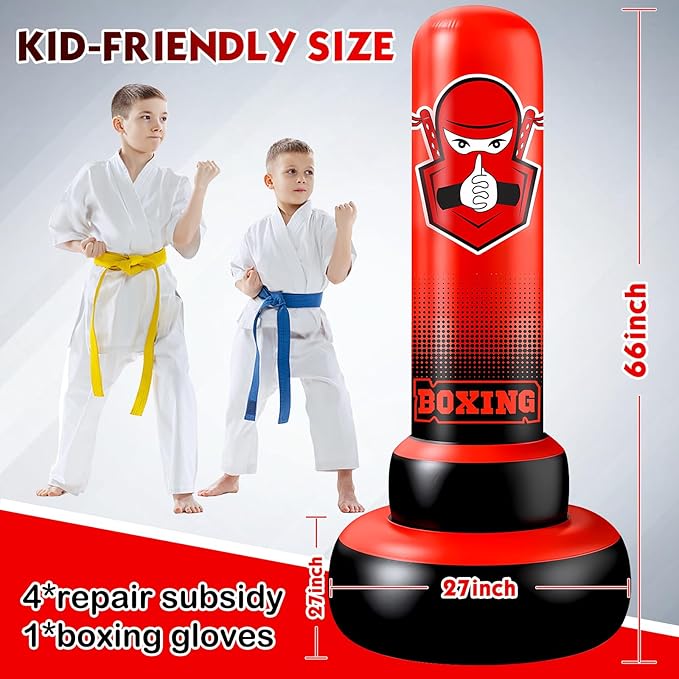 66 Inch Inflatable Kids Punching Bag with Boxing Gloves, Freestanding Boxing Bag, Stand Kids Punching Bag Toy, Bounce-Back Bag Gifts for Kids, Girls, Boxing Set for Practicing Karate, Taekwondo, MMA