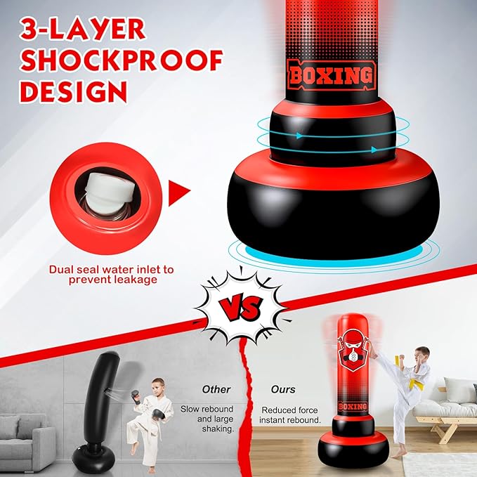 66 Inch Inflatable Kids Punching Bag with Boxing Gloves, Freestanding Boxing Bag, Stand Kids Punching Bag Toy, Bounce-Back Bag Gifts for Kids, Girls, Boxing Set for Practicing Karate, Taekwondo, MMA