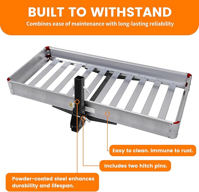 MaxxHaul 50149 500-lb Capacity 50 inch x 22 inch Hitch Mount Premium Folding Aluminum Cargo Carrier Rack Basket with High Side Rails and Reflector Lens for Added Safety