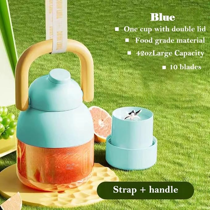 41oz,Portable Blender for Shakes and Smoothies, Leak-proof Water Bottle with Removable Straw, Handle, Lid and Shoulder Strap, BPA-free, Type-C Rechargeable, Cordless Portable Juicer,Blue