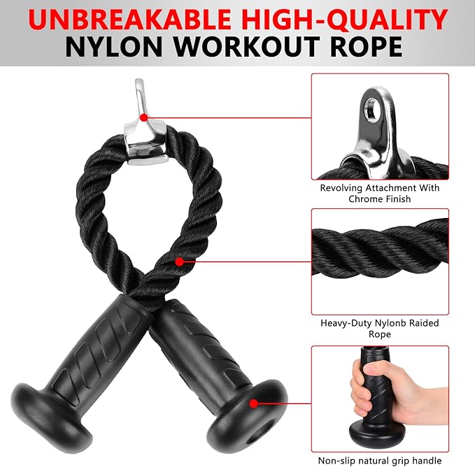 Hikeen Ergonomic Tricep Rope Cable Attachment with Anti-Slippery Rubber Grip,Tricep Pull Down Attachment -Reduces Wrist Pressure and Skin Rubs,Tricep Pull Down Rope for Gym & Home Gym with Carabiner