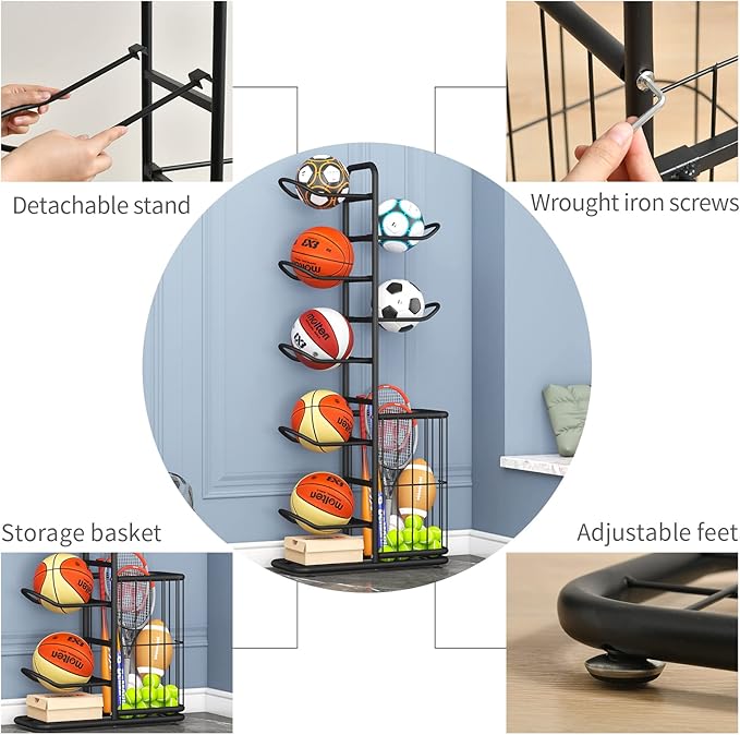 7-Ball Sports Equipment Storage Rack with Ball Holder 57.5" (Black)