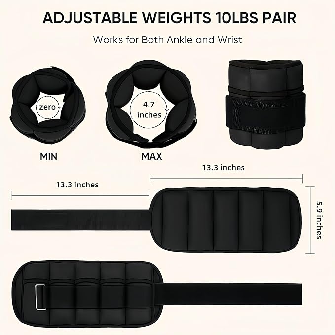 Adjustable Ankle/Wrist Weights Set 10-pound Pair with Removable 1-5lbs Each