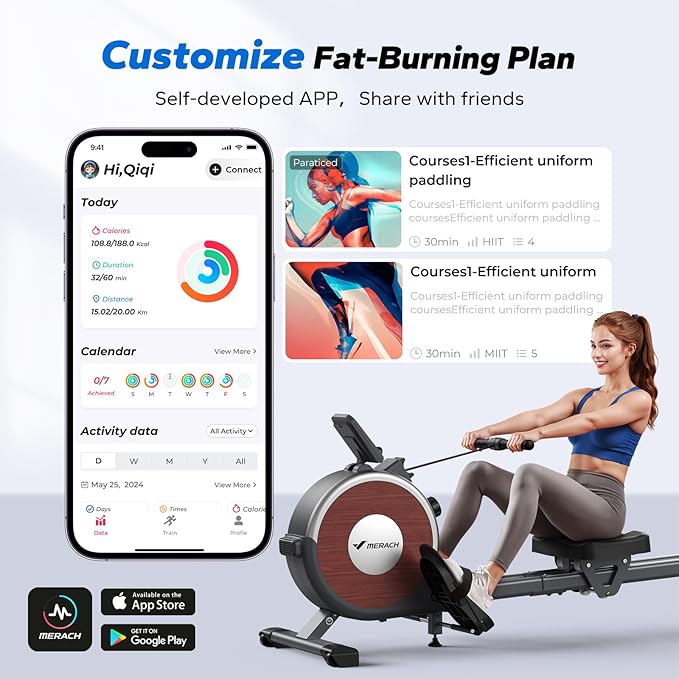 MERACH Rowing Machine, Magnetic Rower Machine for Home, 16 Levels of Quiet Resistance, Dual Slide Rail with Max 350lb Weight Capacity, App Compatible