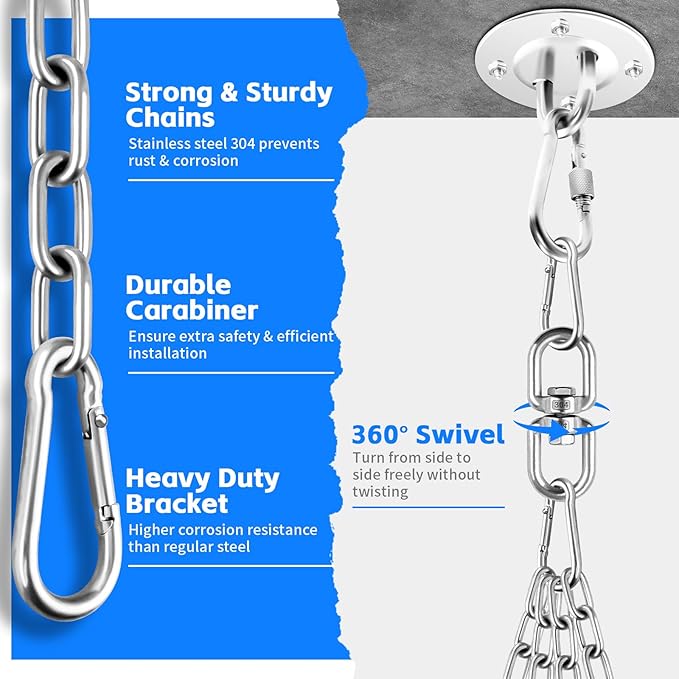 360 Rotation Heavy Bag Chain, Punching Bag Hanger With Stainless Steel Swivel Chain and 4 Snap Hooks, Mount for Hammock, Gym Swing, Yoga Swing, Trapeze