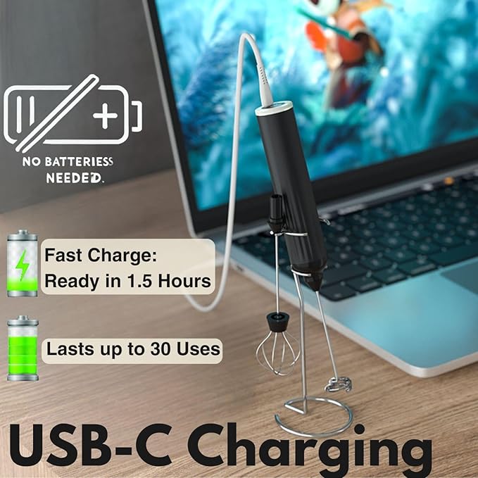 Milk Frother Handheld,3-Speed Rechargeable Coffee Foamer Drink Whisk with 3 Stainless Steel Heads Electric USB C Whisk for Coffee, Latte, Cappuccino, Hot Chocolate, Protein,Egg light Black