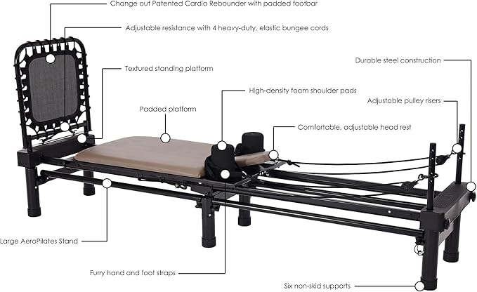 AeroPilates Reformer - Pilates Reformer Workout Machine for Home Gym - Cardio Fitness Rebounder- Up to 300 lbs Weight Capacity, Gray