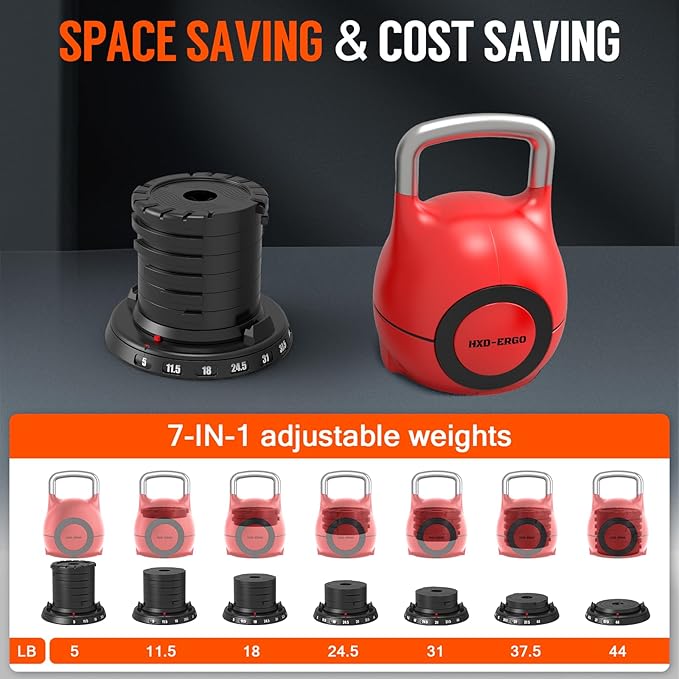 7-in-1 Adjustable Kettlebell, Quick-Adjust Kettlebell for Strength Training, 5-44 LBS Adjustable Weights for Home Gym