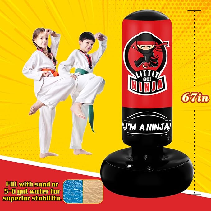 Kids Punching Bag, 67" Stable Inflatable Boxing Bag for Age 5-12, Ninja Karate Taekwondo Training Toy, Christmas Birthday Gift
