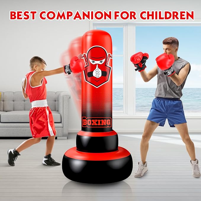 66 Inch Inflatable Kids Punching Bag with Boxing Gloves, Freestanding Boxing Bag, Stand Kids Punching Bag Toy, Bounce-Back Bag Gifts for Kids, Girls, Boxing Set for Practicing Karate, Taekwondo, MMA