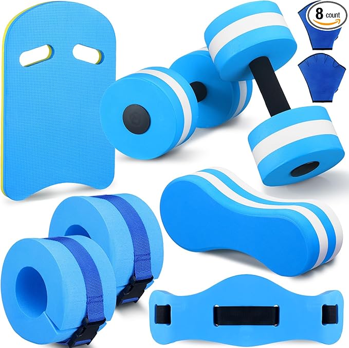 8 Pcs Water Aerobics Set Including Exercise Foam Dumbbells Aquatic Swim Belt Pull Buoy Swim Kickboard Sport Gloves Water Weights Equipment for Aquatic Fitness Weight Loss Fitness Tool