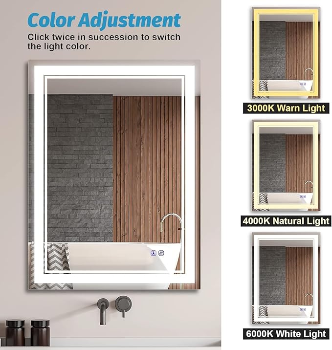 24 x 32 Inch Led Mirror for Bathroom 3 Colors CRI95+, Memory
