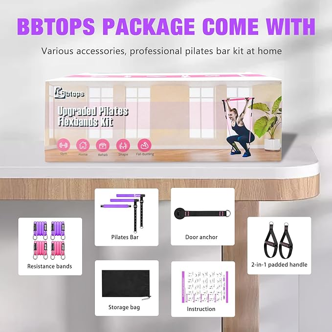 Pilates Bar Kit with Resistance Bands,Pilates Bar with Stackable Bands Workout Equipment for Legs,Hip,Waist and Arm,Exercise Fitness Equipment for Women & Men Home Gym Yoga Pilates