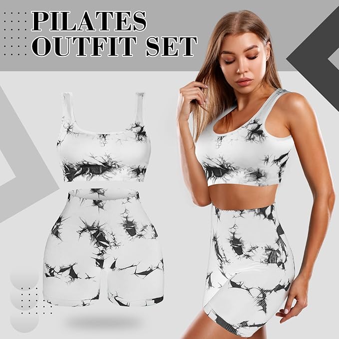 4 Pcs Women's Workout Sets Pilates Exercise Outfit Ribbed Scoop Neck Sports Bra Shorts Leggings Gym Clothes Set