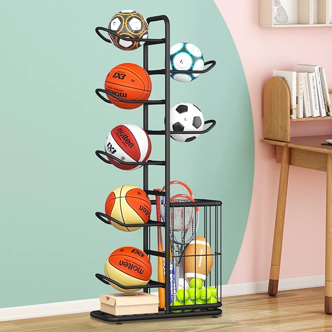 7-Ball Sports Equipment Storage Rack with Ball Holder 57.5" (Black)
