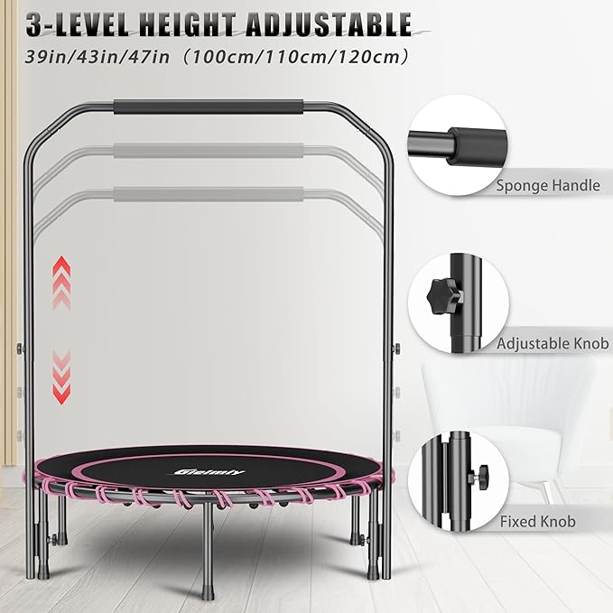 40" Fitness Trampoline with Adjustable Handle Bar Silent Mini Trampoline Bungee Rebounder Jumping Cardio Trainer Workout for Adults - Maximum Load 150 kg